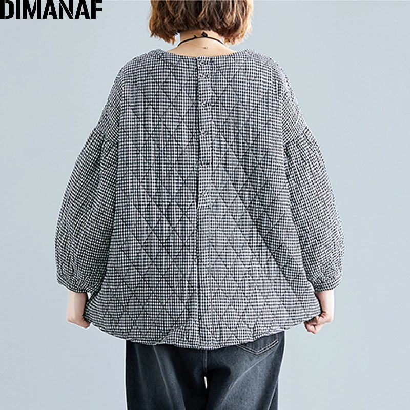 DIMANAF Plus Size Women Pullover Tops Autumn Winter Thick Cotton Clothing Loose Oversize Vintage Plaid Black