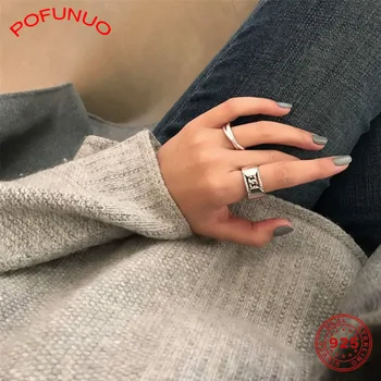

POFUNUO Women 925 Sterling Silver Rings Minimalist Vintage Distress Weaving Young Girls Stylish Rings Luxury All-match Chic Ring