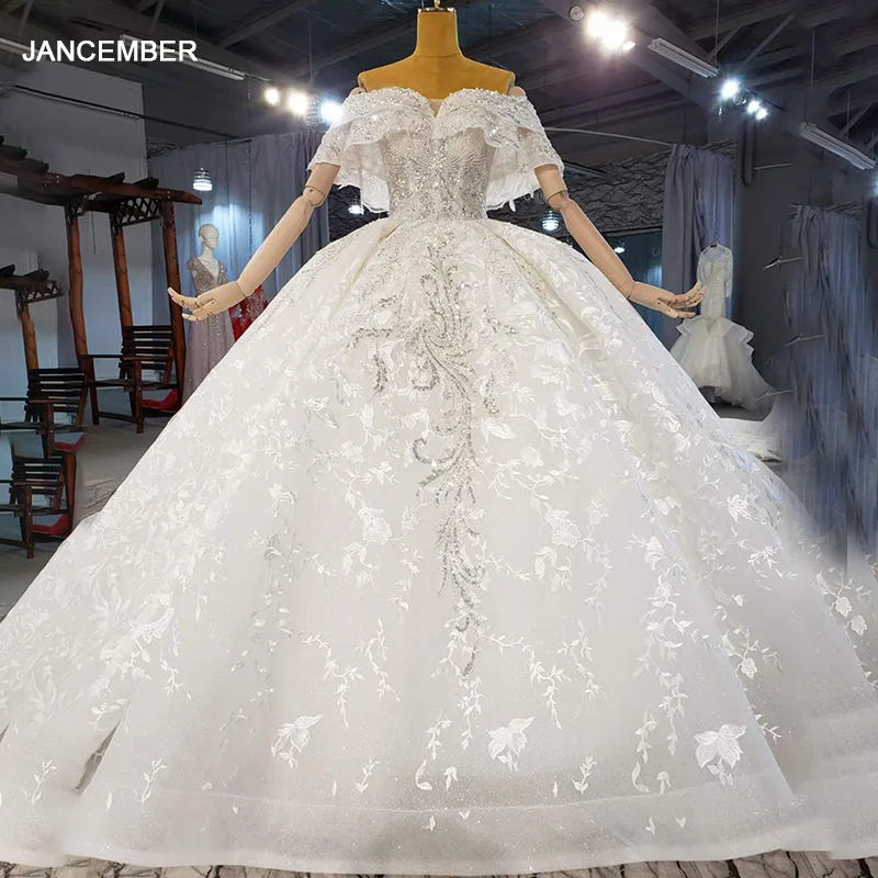 HTL2028 Elegant Extravagant Sequin Crystal Pearls Wedding Dress 2020 V-Neck Short Sleeve Lace Up Back 1