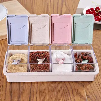 

4 Grid Plastic Wheat Straw Flip Drawer Type Spice Jar Seasoning Storage Box