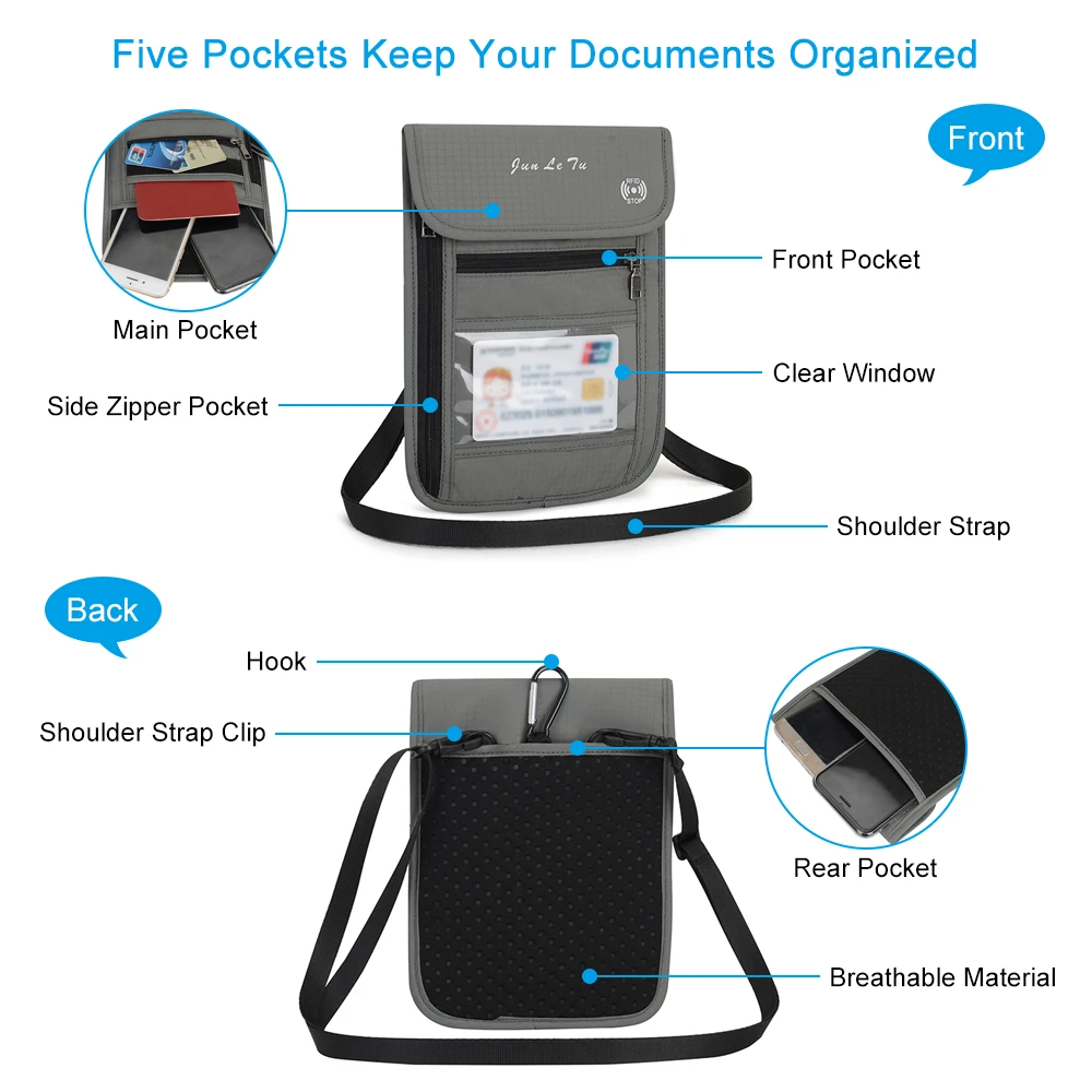 Lixada Colorful Neck Pouch Wallet with RFID Blocking Passport Holder Document Organizer Card Key Bag for Men Women