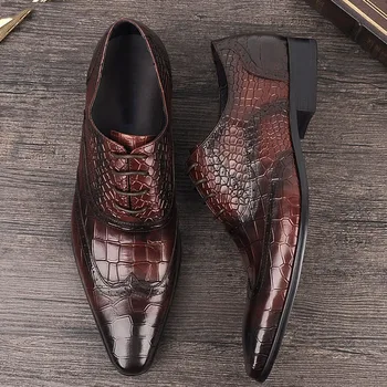 

Brogue Formal Shoes Men Genuine Cow Leather Dress Shoes Retro Pointed Toe Oxford Lace-up Crocodile Skin Wedding Shoe