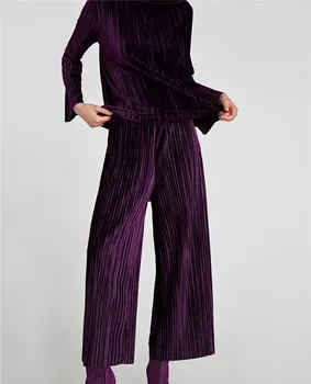 

Autumn Women Purple Pleated Casual Wide Leg Pants High Velvet Elastic Waist Ankle-Length Loose Pants