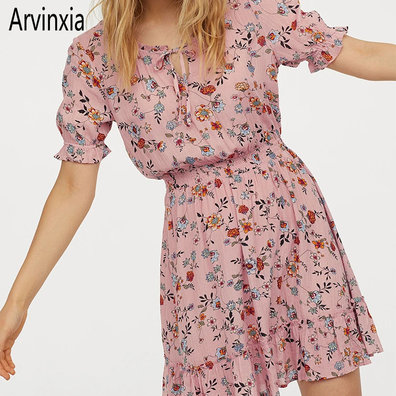 

Arvinxia ZA Casual Flowers Printed Ruffles Ladies Dress Fashion Outwear Elastic Band Woman Dresses Casual Bow Tie Women Vestidos