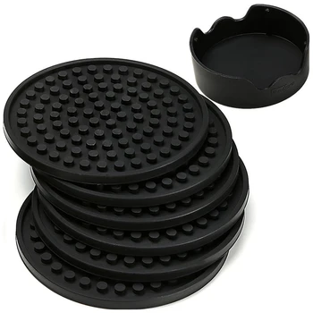 

Coasters Set of 6 in Holder - Protect Furniture From Water Marks & Damage - Good Grip, Deep Tray, Large 4.3 inch Size