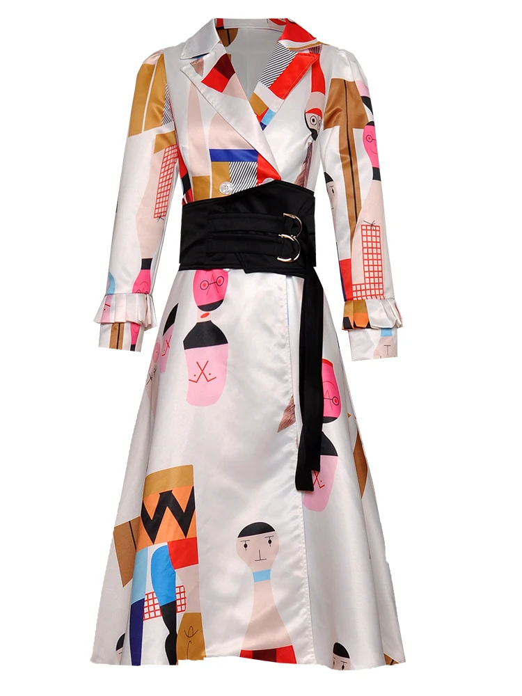 Runway Women Trench Coat Midi Autumn Print Designer Tunic Long Sleeve High Quality Suit Collar Cartoon Trench Coat New Arrival - Цвет: Белый