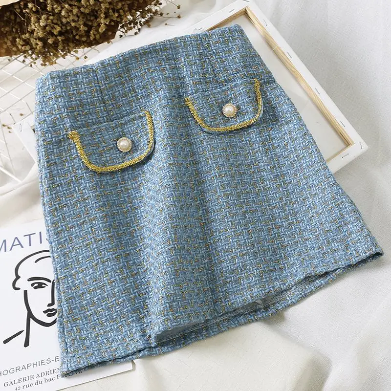 Синий Young Gee Tweed мини юбка для женщин осень весна белые черные шикарные короткие с высокой талией офисные женские Рабочие юбки Faldas Mujer - Цвет: Синий