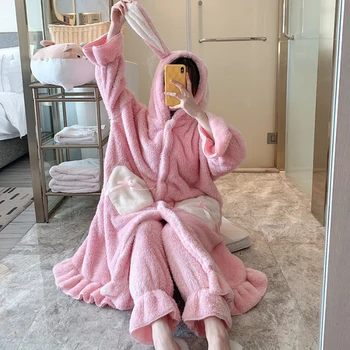 

Winter Women Coral Velvet Pajamas Sets Lady Sweet Rabbit Fleece Long Robe & Pants Sleepwear Female Homewear Leisure Pyjamas