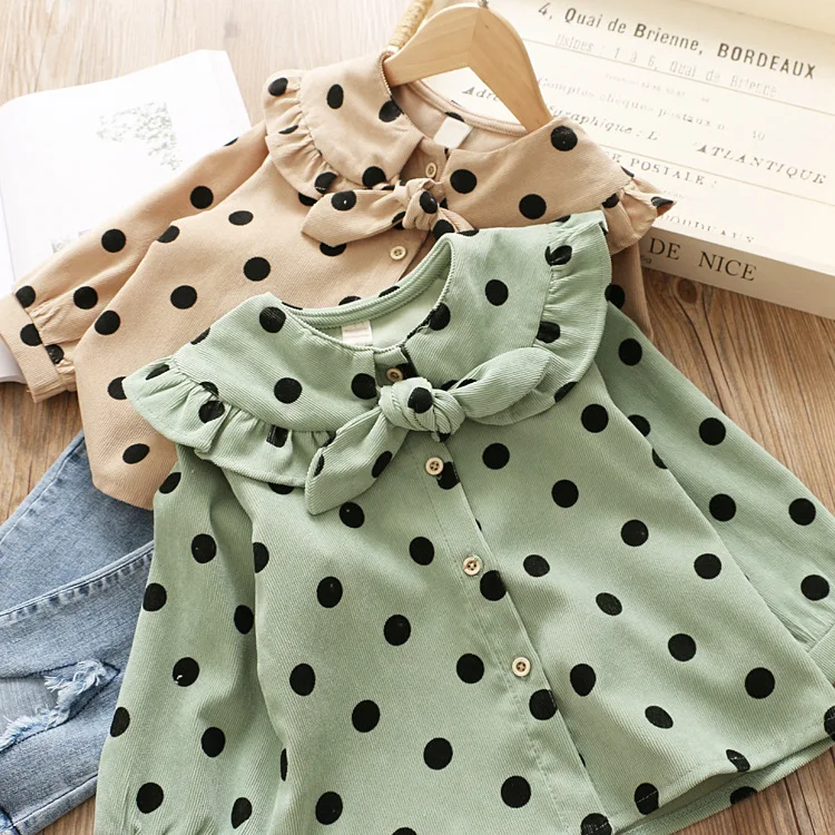 

Korean Girls Wave Bow Tie Blouse Auricularia Auricula Flying Sleeve Kids Shirt Autumn Korean Children's Clothing
