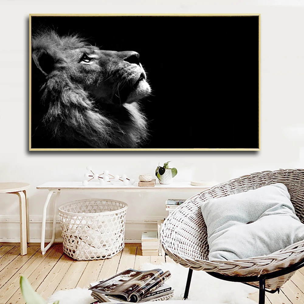 

Large Size Black and White Lion Painting Canvas Print Poster Wall Pictures For Living Room Modern Decoration Animal Pictures