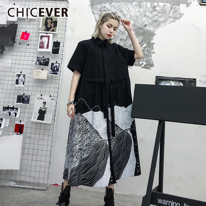 

CHICEVER Vintage Print The Dress Women Lapel Half Sleeve Loose Big Size Hit Color Patchwork Female Dresses Fashion New Summer