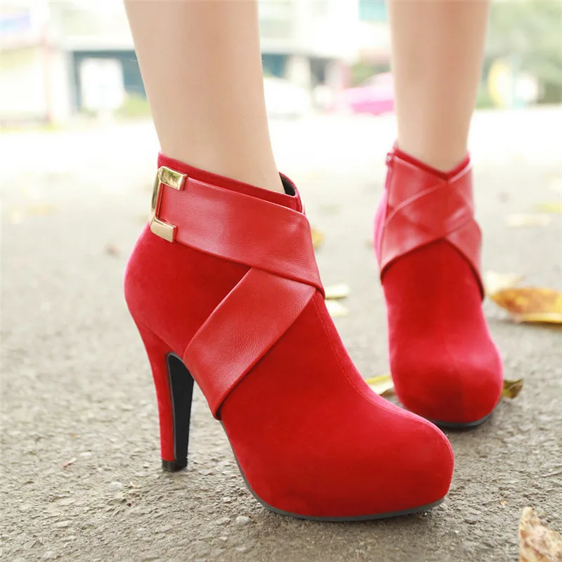 

2018 Fashion Cross Buckle Strap Desin Party Platform Hih Heels Ladies Shoes Red Green Lare Size Ankle Boots Plus Size