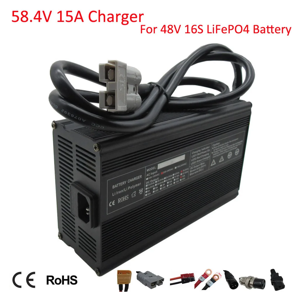 

900W 58.4V 15A LiFePO4 Battery Charger 48V 20A 51.2V 16S Iron Phosphate LFP Ebike Forklift RV Motorcycle Golf Cart Fast Charger