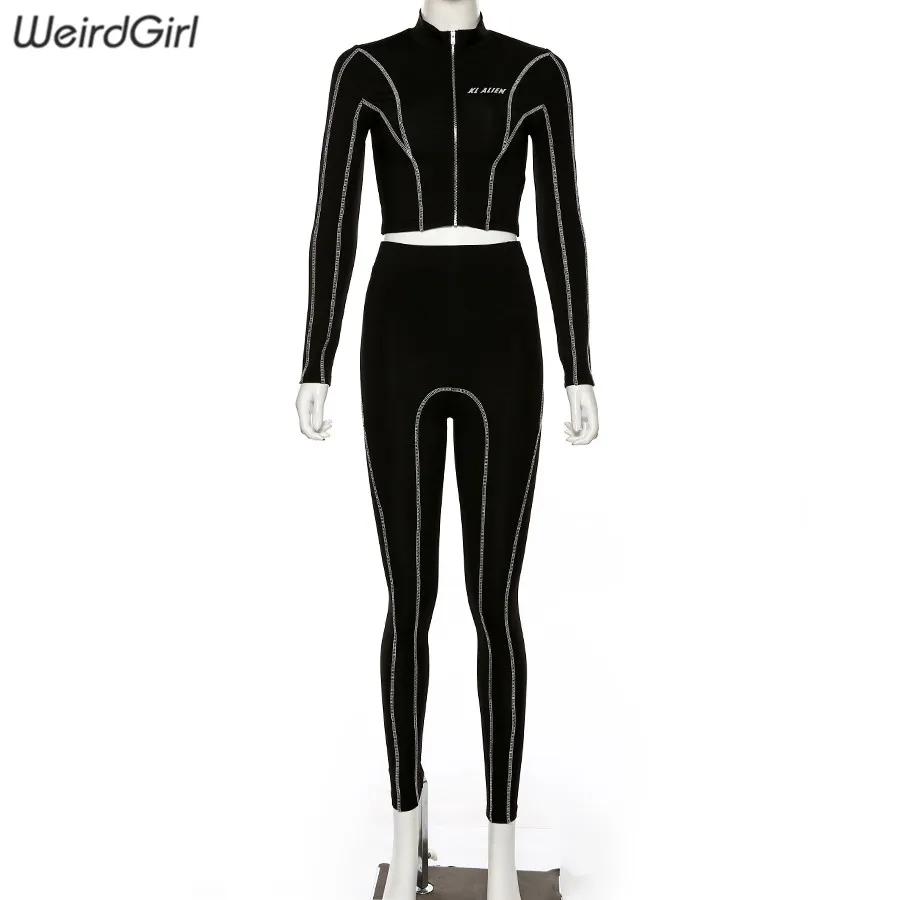 Weirdgirl, женские комплекты, 2 шт., светоотражающий принт, спортивный костюм, длинный рукав, футболки, длинные, высокая талия, обтягивающие леггинсы, повседневная спортивная одежда