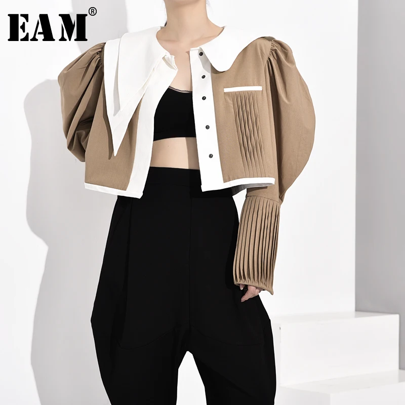 

[EAM] Women Khaki Pleated Split Joint Shaped Blouse New Lapel Long Sleeve Loose Fit Shirt Fashion Tide Spring Autumn 2019 JZ3250