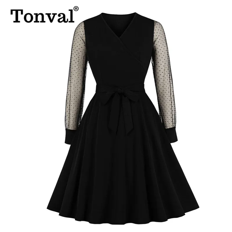 

Tonval Vintage Black Dotted Mesh Long Sleeve Wrap Belted Elegant Autumn Dress Women V neck Office Lady A Line Swing Dresses