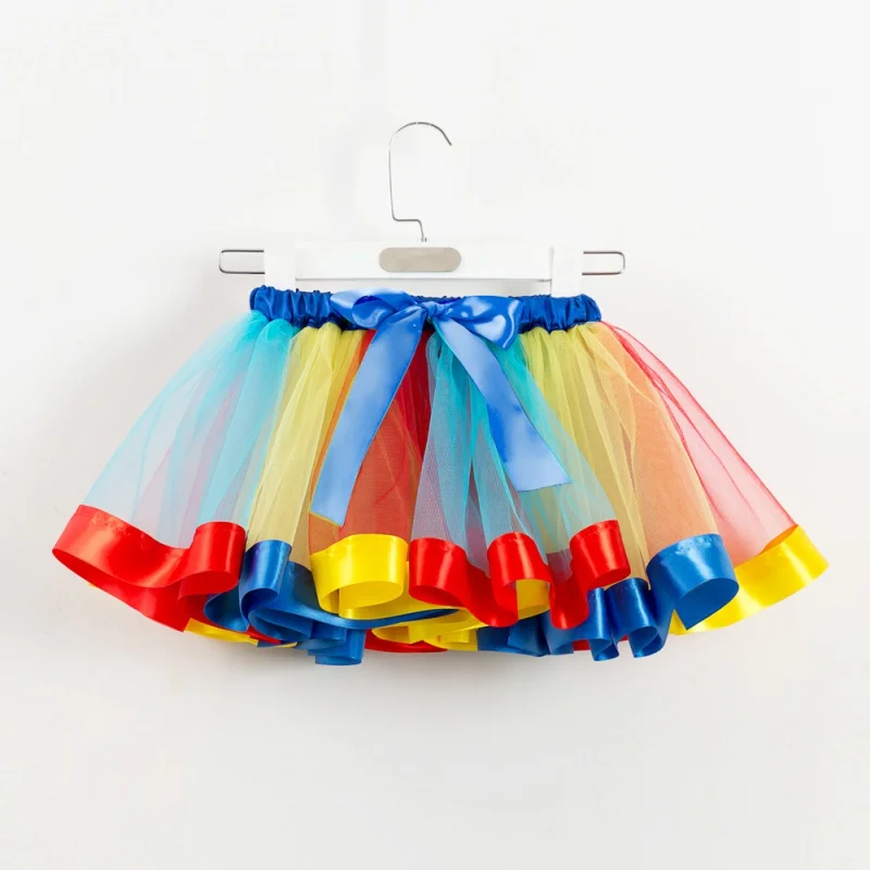 

6Baby Girls Skirt 2-7T New Summer Mesh Rainbow Color Matching High Waist Cute Toddler Skirt Short Pleated Sweet Skirt+Hairband