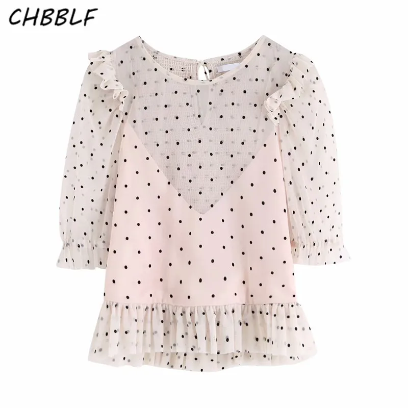 

CHBBLF women sweet polka dots print crop top round collar half sleeve female stylish pleated blouse BGB943