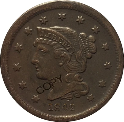 США 1839-1857 Заплетенные волосы большой цент копии монет - Цвет: 1842 Small Date