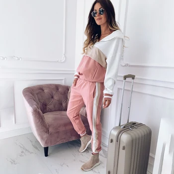 

Popular Fashion Color-Block Top Elastic Waist Side Striped Pants Women Two Piece Set Spring Sporting Casual Long Sleeve Suits