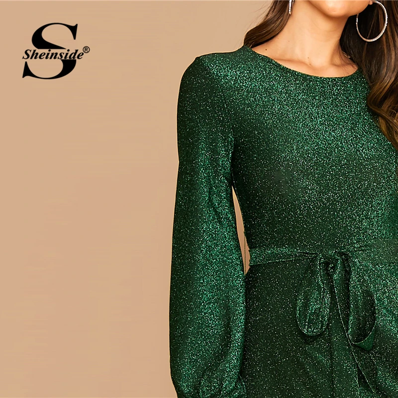 Goede Sheinside Green Elegant Glitter Detail Feestjurk Vrouwen 2019 Herfst Lantaarn Mouw Taille Midi Jurken Dames EEN Lijn Jurk