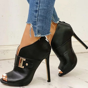

2020 Woman Summer Sandals Basic Super High Thin Heels Peep Toe Sexy Party Zip Metal Decoration