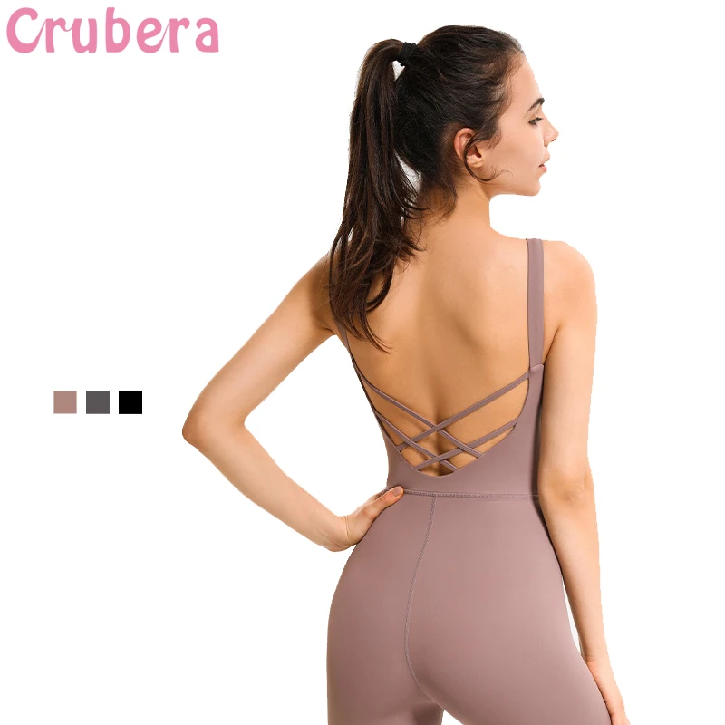 CRUBERA Summer Sleeveless Deep U Cross Hollow Beauty Back Sports Suit Women's Dance Fitness Stretch Athletic  Yoga Jumpsuit one piece sleeveless quick drying jumpsuit for women dance training body fitness new 2023