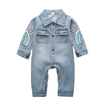 

2019 Cute Infant Baby Boys Kids Giraffe Denim Fabric Romper Autumn long sleeve pants Clothes blue Denim One Piece Outfit 3-18M