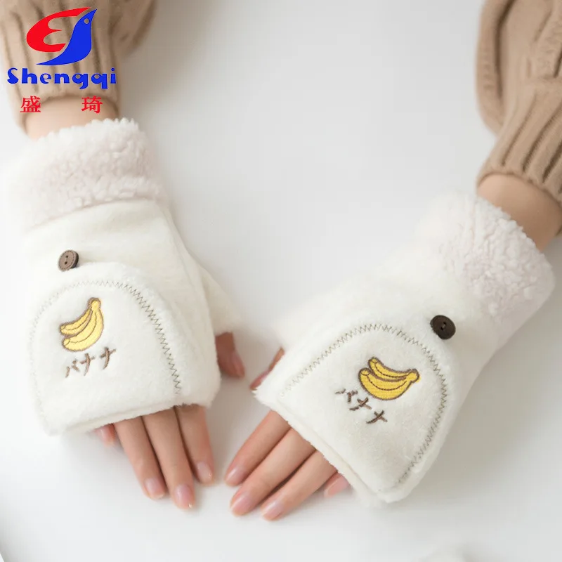 Sheng qi Half-finger Gloves Female Winter Cute Cartoon Students plus Velvet Sweet Japanese-style GIRL'S Touch Screen Warm Gloves