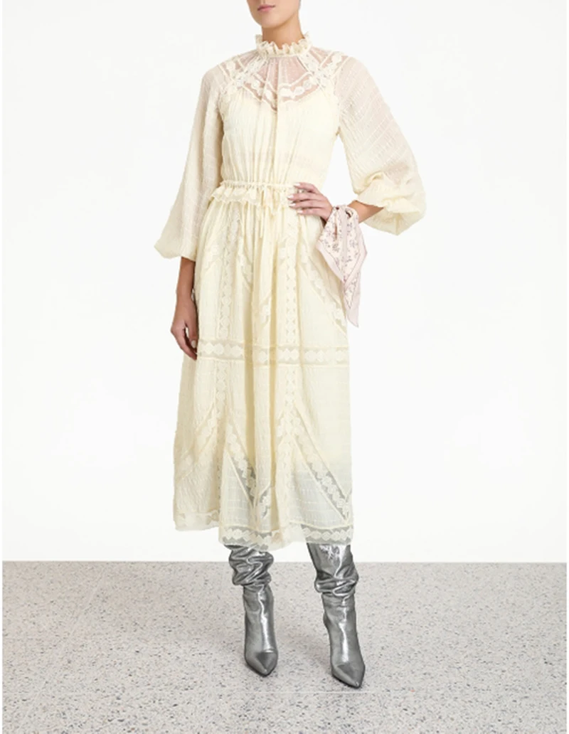 [MENKAY]Hige Neck Lace Pleated Fairy Dress Women Solid Color Sweet Party Solid High Waist Midi Dress