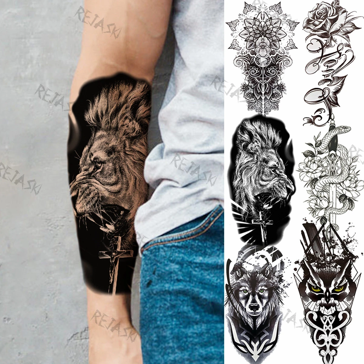 Black Gothic Lion Cross Temporary Tattoos For Women Men Adults Wolf Rose Flower Owl Realistic Fake Tattoo Body Arm Tatoo Forearm Temporary Tattoos Aliexpress