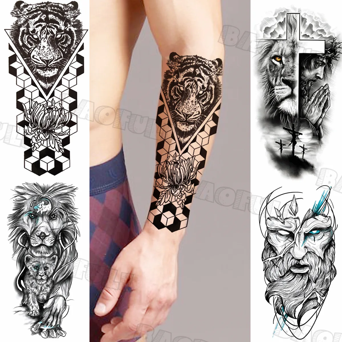 

Geometric Tiger Temporary Tattoos For Men Adult Lion Tribe Punk Realistic Fake Tattoo Sticker Black Animal Tatoos Paste Daisy