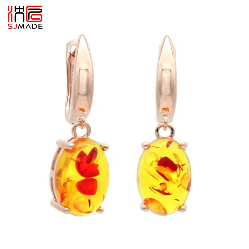 

SJMADE Japanese South Korean Oval Egg Shape Flower Ambers Dangle Earrings 585 Rose Gold Eardrop For Women Wedding Fine Jewelry