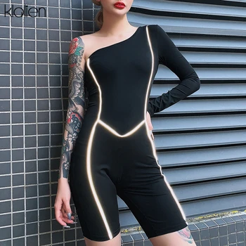 

KLALIEN women one shoulder playsuit 2020 Reflective striped patchwork rompers female run fashion skinny palysuit 3 color clothes