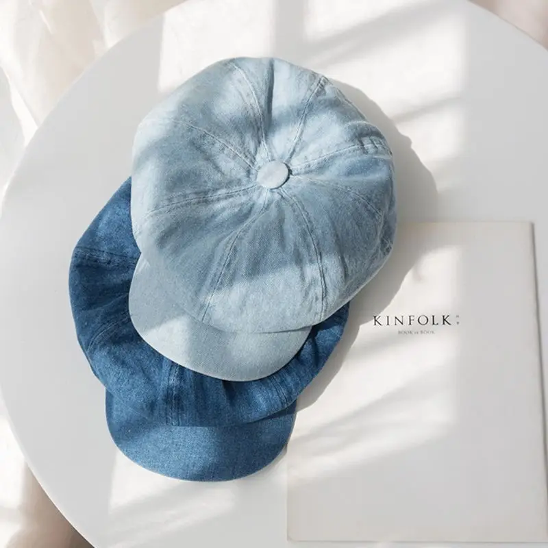 Women Men Vintage Washed Denim Blue Beret Cap Classic 8-Panel Octagonal Newsboy Painter Cabbie Adjustable Flat Sun Visor Hat
