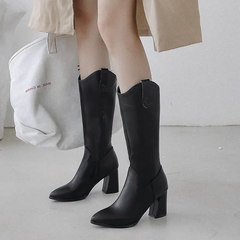 

2019Fashion Knee High Boots Autumn Women Square High Heels Wester Cowboy Boots Pointed Toe Zipper Winter Plush Boots Black White
