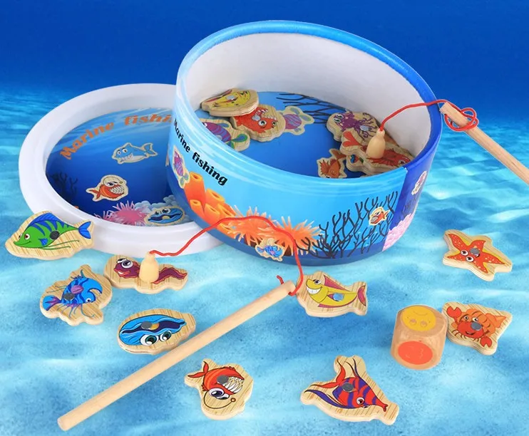 Boys and Girls Early Education wooden fishing toy magnetic Barrel Ocean Scene Two-Rod Fishing Children's Puzzle Toys