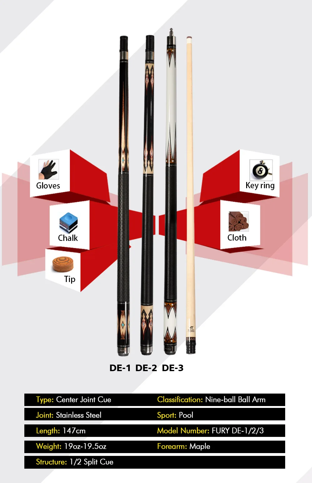 FURY DE Billiard Pool Cue Stick with Case 11.75mm/13mm Tip 147cm Billar Kit for Champion Professional Athlete with Case G