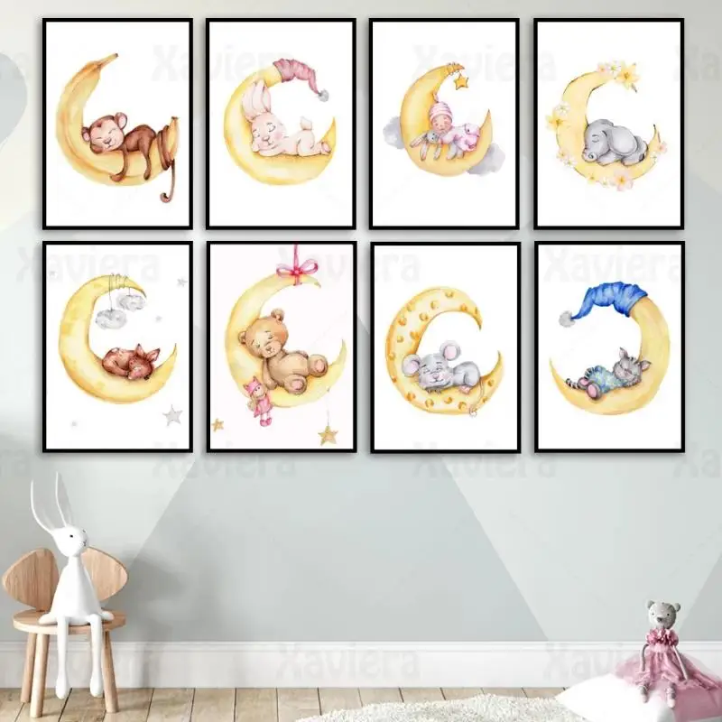 

Nursery Decor Wall Art Moon Cartoon Animal Dream Rabbit Deer Monkey Bear Comics Picture Canvas Painting Baby Decor Poster Murals