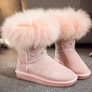 pink Модный стиль большой на натуральном лисьем меху; высокая обувь для женщин; женские ботинки; botas натуральная кожа, зимняя обувь, высокие сапоги высокого качества - Цвет: pink