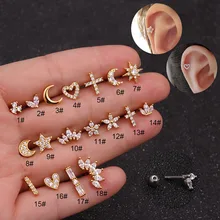 

1PCS Flower Heart Cross CZ Stud Piercing Moon Star Cartilage Earring Conch Tragus Stud Helix Cartilage Piercing Jewelry 1.2MM