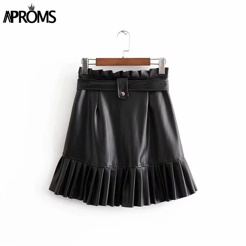 Aproms Vintage PU Leather High Waist Skirt Women Autumn Winter Streetwear Ruffle A-line Short Mini Skirts Ladies Sash Tie Bottom