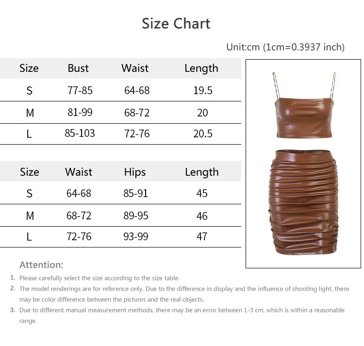 Faux PU Leather Two Piece Set Dress Women Spaghetti Strap Crop Top And High Waist Brown Ruched Dress 2 Pieces Party Vestidos