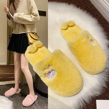 

Women Home Slippers 2020 New Winter Warm Shoes Girl's Kawaii Slip on Flats Slides Female Faux Fluffy Fur Slippers Whoesales