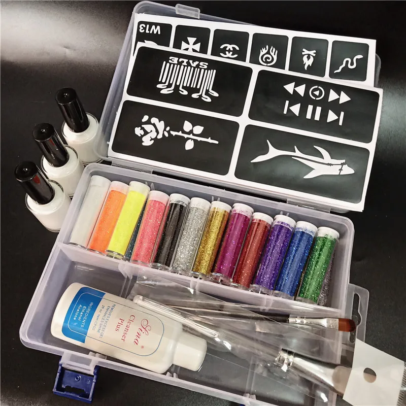 Temporary Tattoo 24 Colors 7ml Power Glitter Waterproof 2 Brushes 3 Glues Painting Kit for Kids Face Body DIY Nail ART