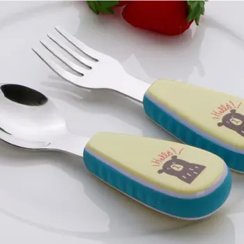 

2pcs/set Cute Baby Kids Feeding Spoon Fork Stainless Steel Baby Spoon Flatware Print Cartoon Tableware With Anti-slip Handle