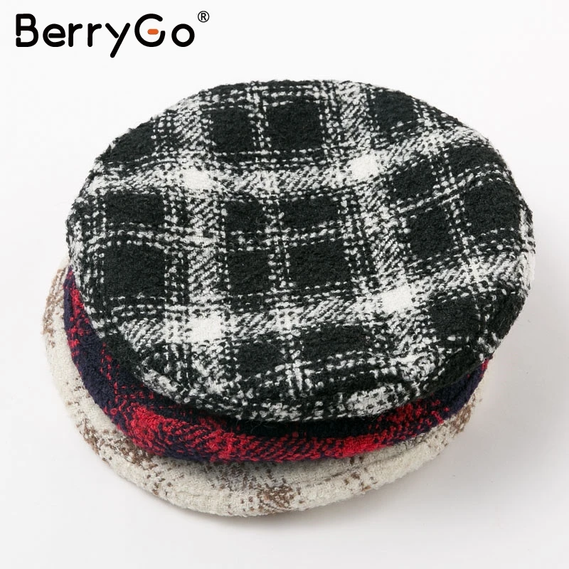 BerryGo/Повседневные Осенние теплые шляпы со шнуровкой в клетку, Женская Шапка-бини в стиле ретро, Женский твидовый берет, шапка, модные женские Зимние береты с козырьком
