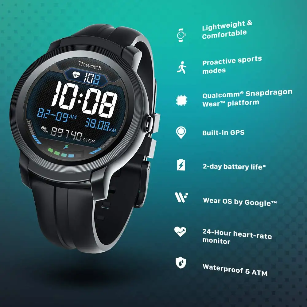  TicWatch E2 Black Smart Watch Men & Women Bluetooth GPS Watch Android/iOS compatible 5ATM Waterproo