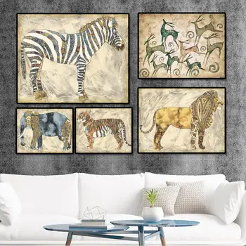 

Home Decoration Print Canvas Wall Art Picture Poster Paintings Horizontal Retro animals, zebra tigers, elk elephants