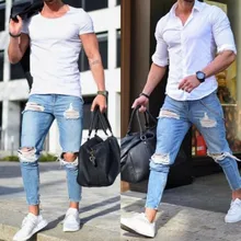 

Men's jeans New European and American fashion broken hole tight jeans Contracted atmosphere light color ankle-length jeans